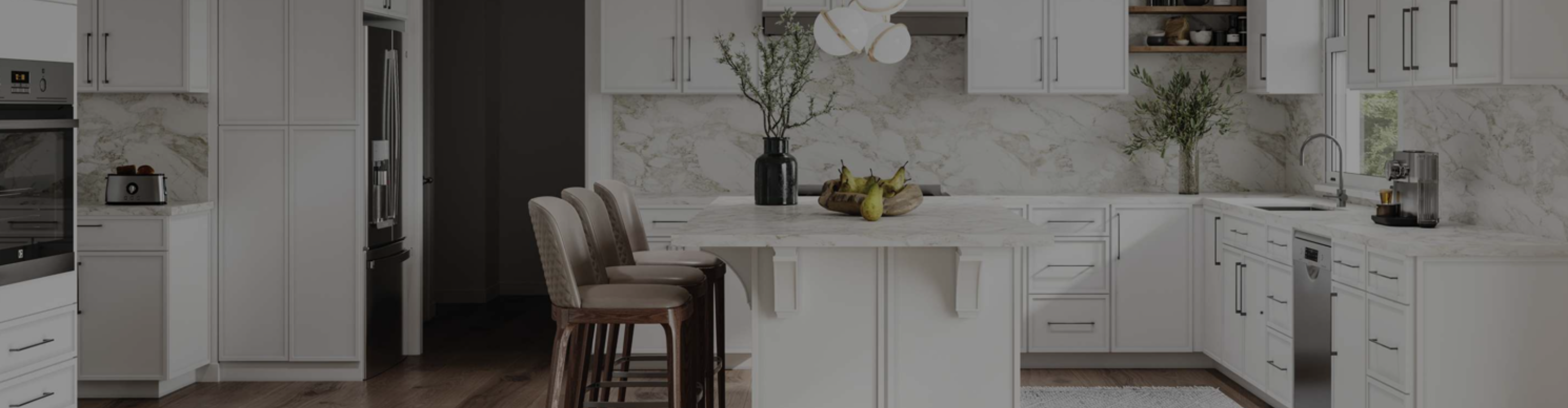 modern farmhouse kitchen with white cabinets and white countertops